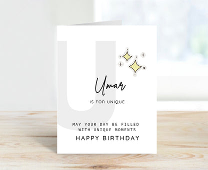 Personalized Birthday Card, Letter U Monogram