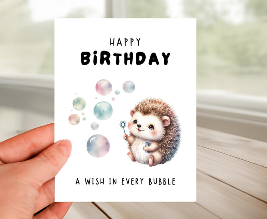 Happy Birthday Card - Adorable Hedgehog Blowing Bubbles, Whimsical Greeting